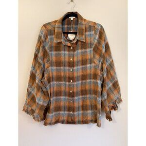 NWT Oddy Flannel Shirt Cotton Wide Sleeves Button Down Brown Blue Size 2XL [jb]
